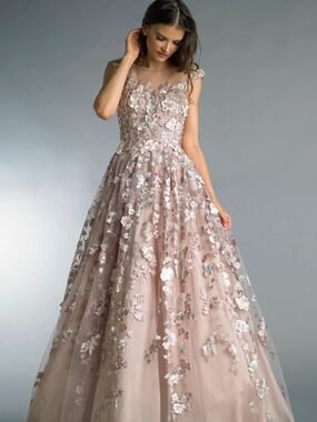 ElegantBasix Black Label Blush Pink Floral Appliqué Evening Gown
